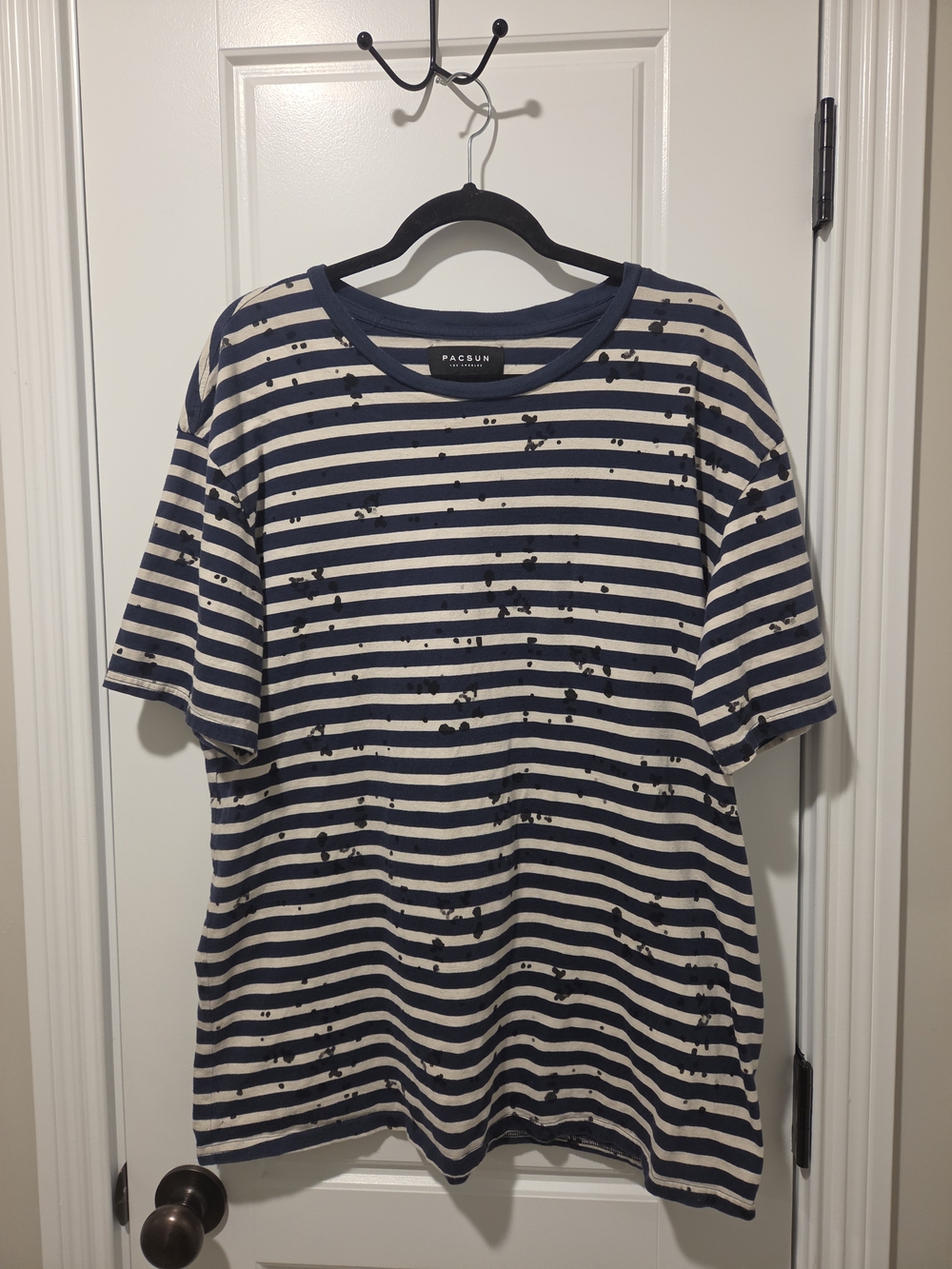 PacSun Navy & White Striped Short Sleeve Tee with Paint-Splatter